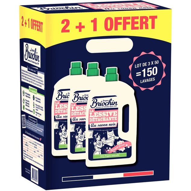 Lessive liquide Briochin savon noir bouquet floral 150 lavages 2+1 offert 3x 2,2L