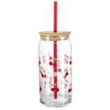 Gobelet en verre motif cerise avec paille et couvercle bambou 600ml