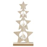 Sapin bois à poser étoiles avec suspensions pompons blancs H26cm