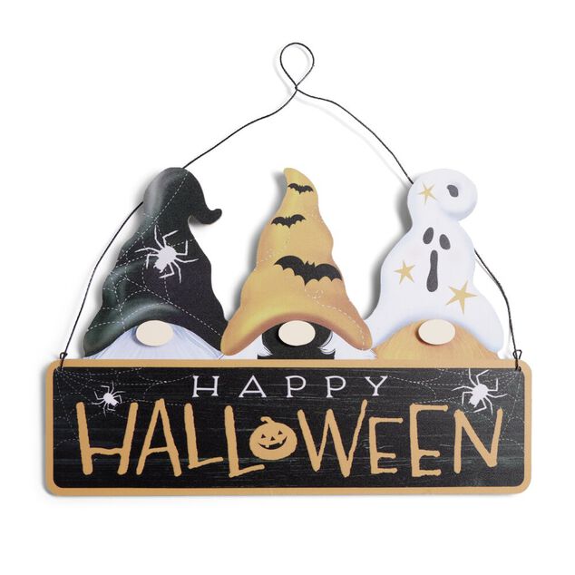 Pancarte en bois Happy Halloween &agrave; suspendre 37xH25cm