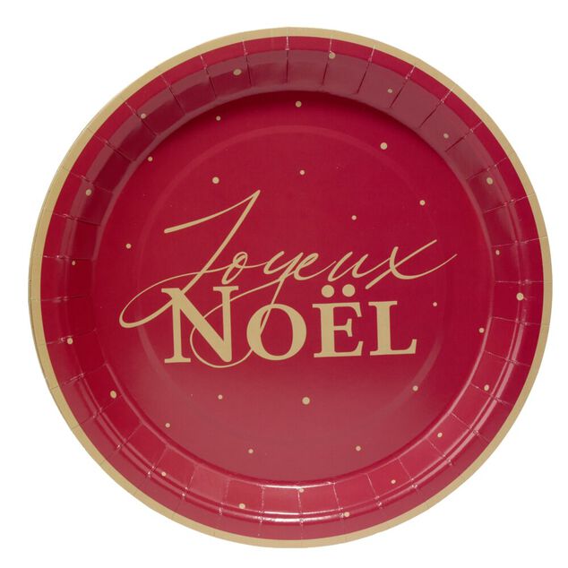 Assiette papier X8 imprim&eacute; Joyeux No&euml;l &Oslash;23 cm rouge
