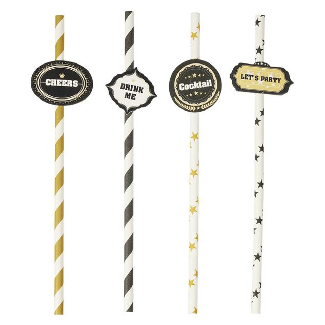 Paille en papier x20 &agrave; motif avec pancarte L19,5cm
