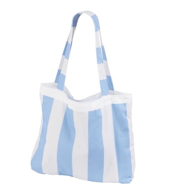 Serviette de plage avec sac int&eacute;gr&eacute; 2en1 polyester ray&eacute; blanc et bleu 90x164cm
