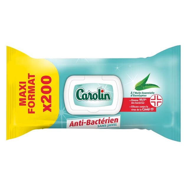 Lingettes multisurface x200 Carolin anti-bactérien sans javel maxi format