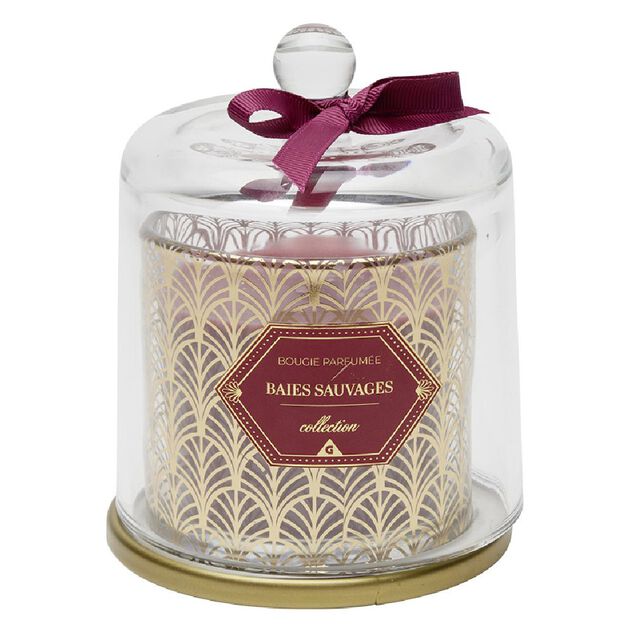 Bougie parfum&eacute;e rouge sous cloche transparent dor&eacute;