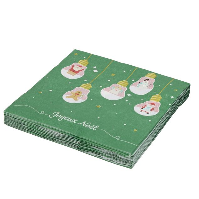 Serviette en papier 4 plis X20 pcs imprim&eacute; boules de No&euml;l ampoules 33X33 cm vert