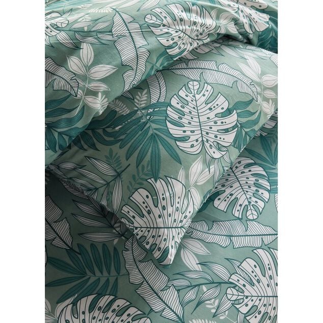 Parure de lit 2 personnes 220x240cm motif feuillage exotique vert et blanc