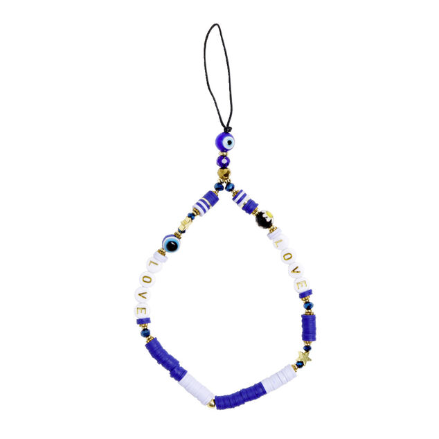 Bijou de t&eacute;l&eacute;phone perles dor&eacute; blanc bleu L17cm