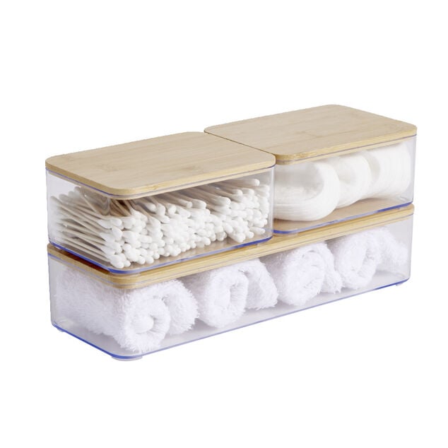Bo&icirc;te de rangement x3 plastique transparent couvercle bambou