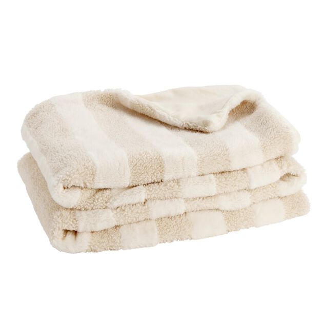 Plaid Teddy fourrure beige et blanc 130x190cm (2 mod&egrave;les damier ou rayures)