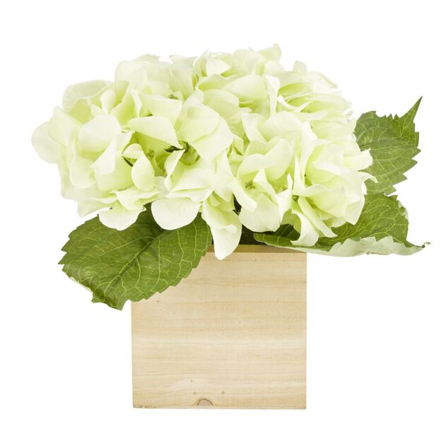 Hortensia artificiel blanc 4 têtes pot en bois 20x20xH20cm