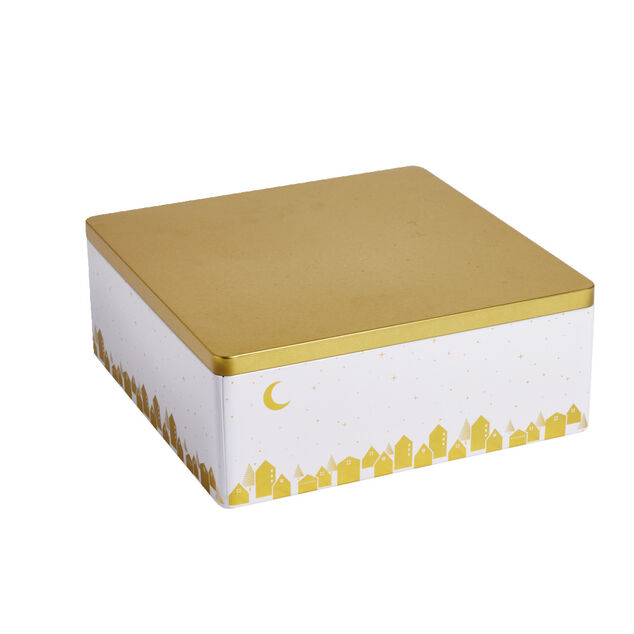 Bo&icirc;te alimentaire carr&eacute; en fer d&eacute;cor dor&eacute; 26x26xH10cm