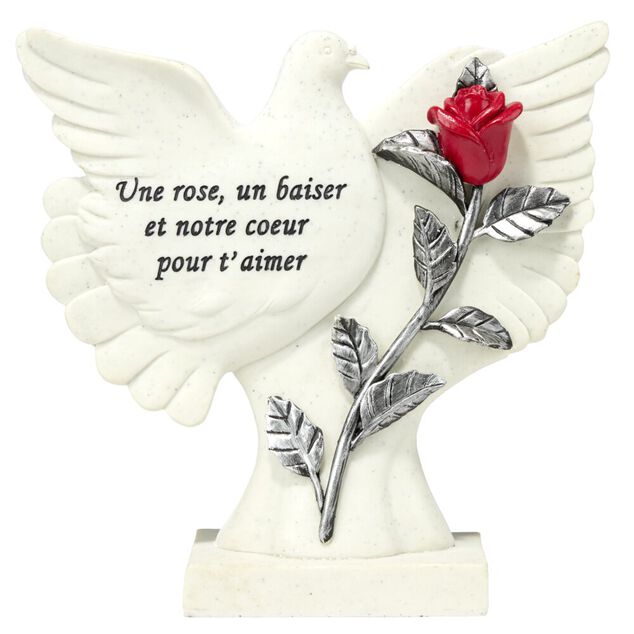 Plaque fun&eacute;raire inscription oiseau et fleur rose rouge r&eacute;sine blanc 21,5x9xH23cm