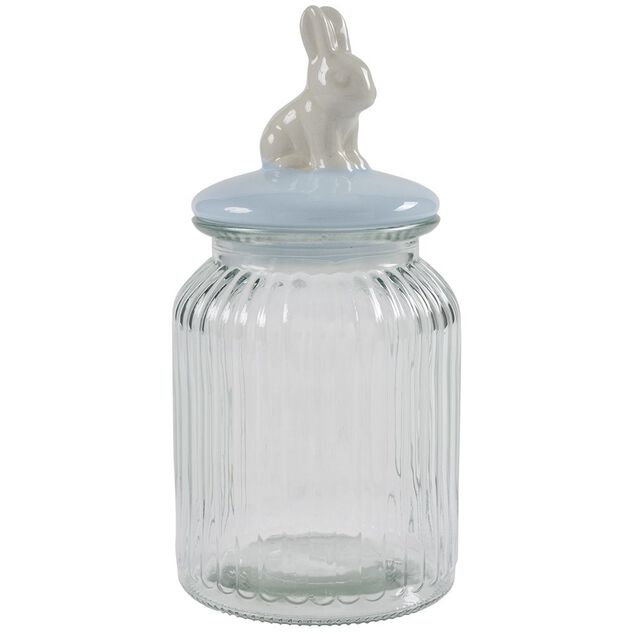 Bonbonni&egrave;re verre 1L forme lapin bleu &Oslash;11xH22cm