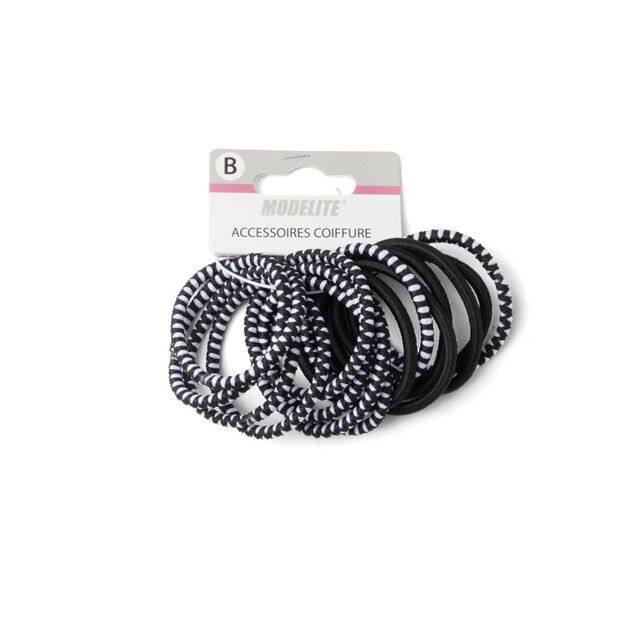 Lot de 15 &eacute;lastiques &agrave; cheveux polyester noir et blanc
