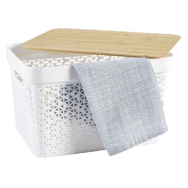 Pani&egrave;re de rangement blanche avec couvercle en bambou grand mod&egrave;le