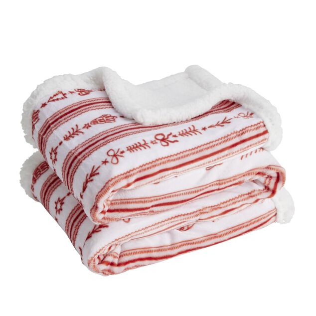 Plaid pilou pilou sherpa blanc motif No&euml;l rouge 120x150cm