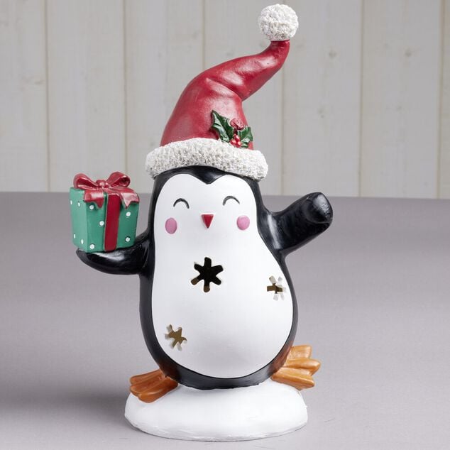 Pingouin solaire polyr&eacute;sine No&euml;l 1 LED blanc chaud H30cm