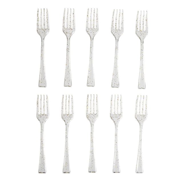 Mini fourchette plastique réutilisable x4 doré pailleté L6cm