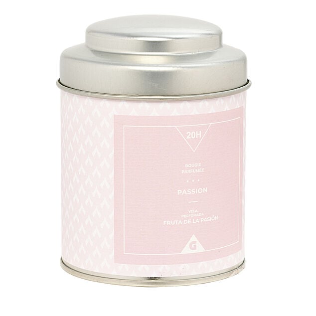 Bougie parfum&eacute;e dans pot en m&eacute;tal senteur passion