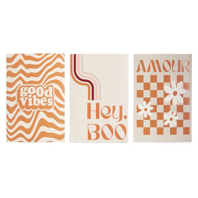 Lot de 3 affiches papier orange et blanc motifs r&eacute;tro 10x15cm