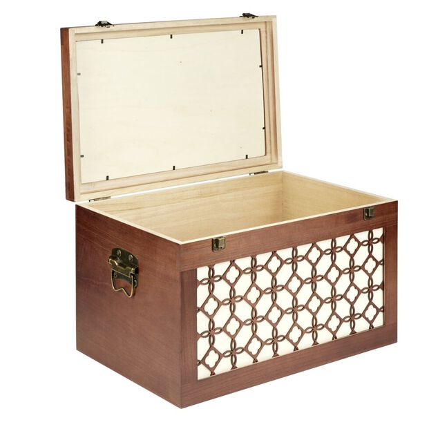 Malle rangement en bois fermeture et poign&eacute;es m&eacute;tal carreau de ciment 48x32xH30cm