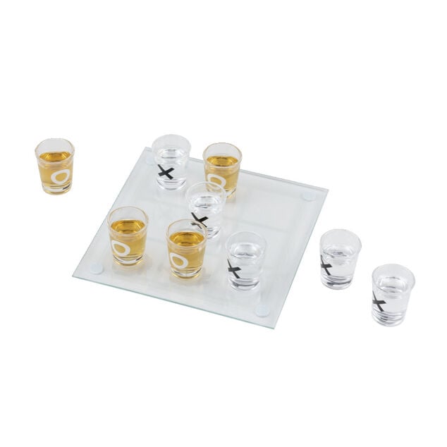 Jeu de morpion &agrave; boire avec shooters et plateau en verre 20x20cm