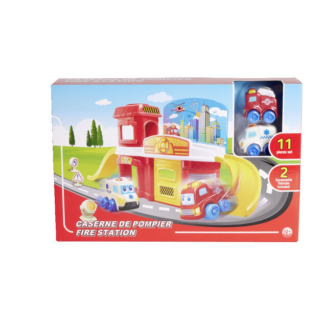 Caserne de pompier 11 pi&egrave;ces 2 v&eacute;hicules 60,5x19xH22,2cm