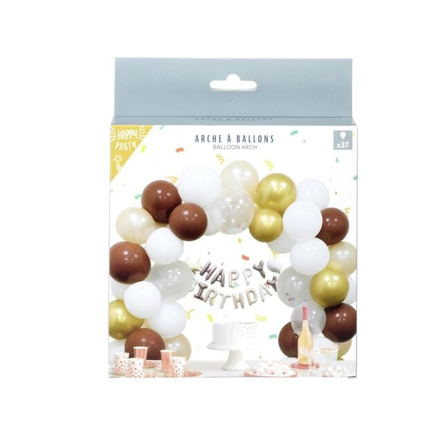 Kit arche &agrave; ballons alu et latex x37 Happy Birthday tons chocolat