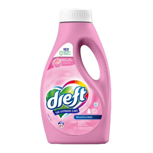 Lessive liquide Dreft linge d&eacute;licat et laine bouteille rose 21 lavages