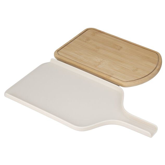 Planche &agrave; d&eacute;couper 2en1 bambou et support plastique coulissant blanc 21x42cm