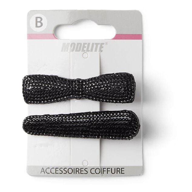 Lot de 2 pinces &agrave; cheveux plates crocodile &agrave; strass noir