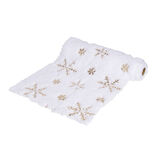 Chemin de table en tissu peluche blanc motifs flocons dorés 3m