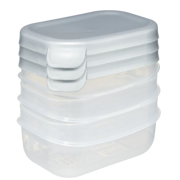 Bo&icirc;te alimentaire rectangulaire 25cl x3 plastique avec couvercle 12,5x9xH9,5cm (3 mod&egrave;les)