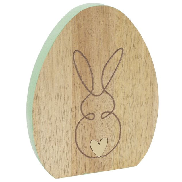 D&eacute;coration oeuf en bois avec lapin grav&eacute; 12xH15cm (3 mod&egrave;les)