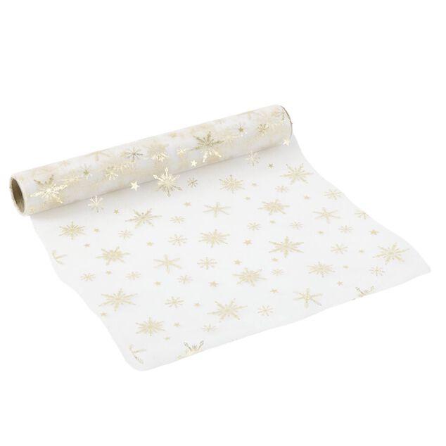 Chemin de table organza et polyester L300X28 cm blanc et dor&eacute;