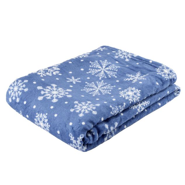 Plaid No&euml;l imprim&eacute; flocon de neige polyester L160X130 cm bleu
