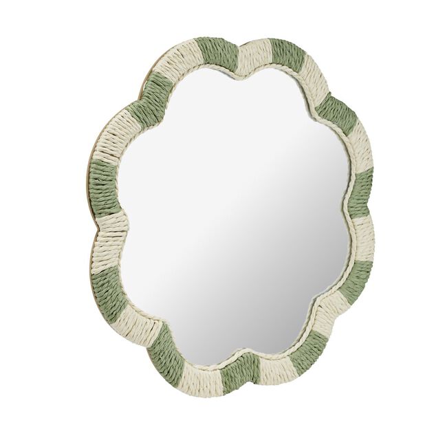 Miroir mural bord ondul&eacute; corde tress&eacute;e beige et vert &Oslash;39,5cm