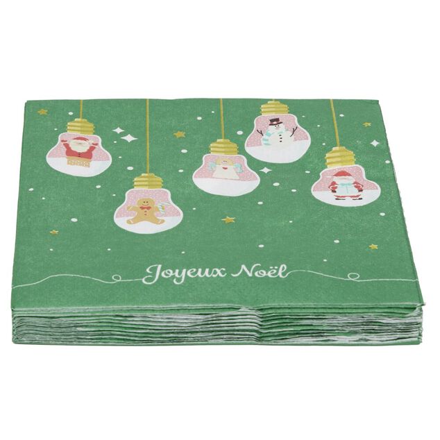 Serviette en papier 4 plis X20 pcs imprim&eacute; boules de No&euml;l ampoules 33X33 cm vert
