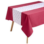 Nappe en tissu rouge avec chemin de table blanc motif houx 140x250cm