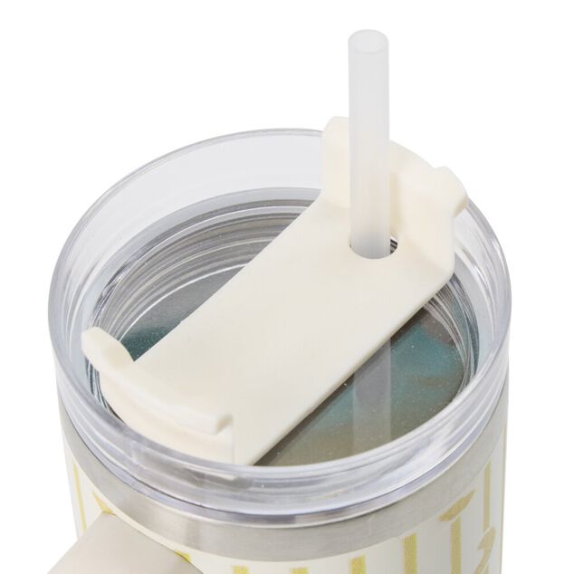 Mug de transport XL inox et plastique imprim&eacute; croissant et rayures avec anse H24cm