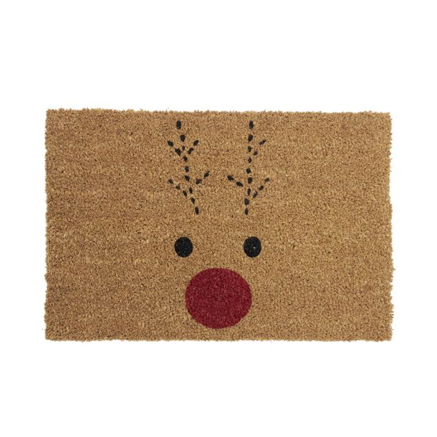 Tapis d'entrée Noël rectangulaire coco motifs renne nez rouge 40x60cm