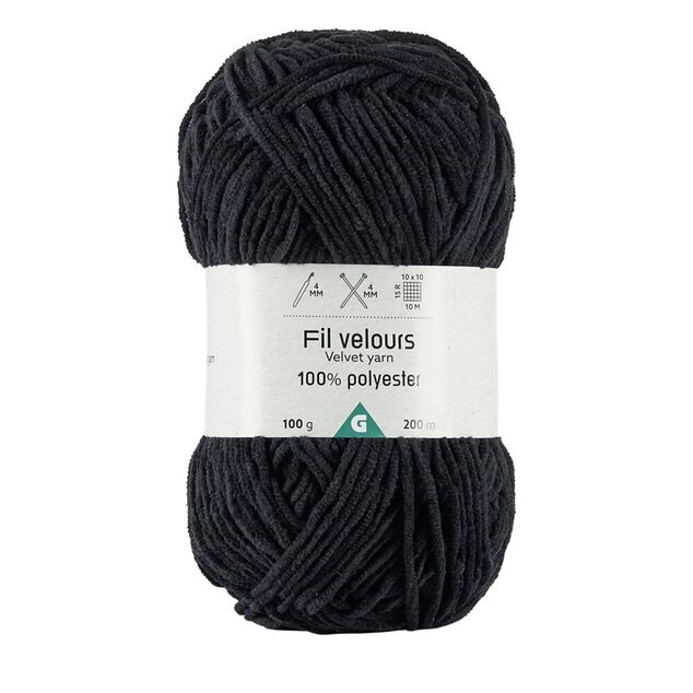 Pelote fil à tricoter 200m effet velours polyester noir 100g