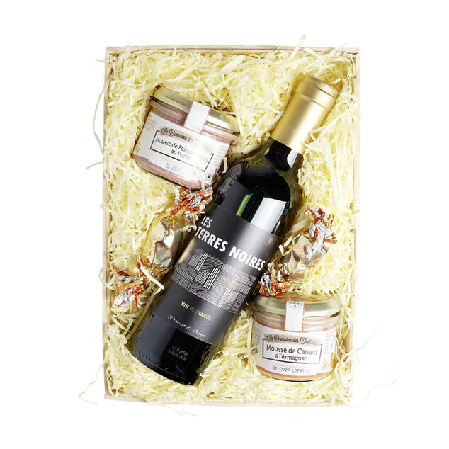 Panier gourmand 1 bouteille vin rouge/2 p&acirc;t&eacute;s/2 papillotes chocolat