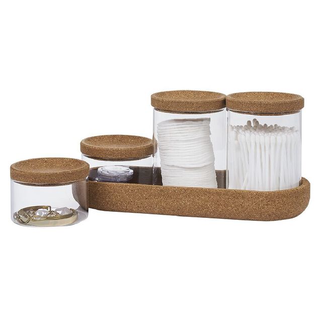 Ensemble bocal en verre x4 avec support en li&egrave;ge 26x10xH8cm
