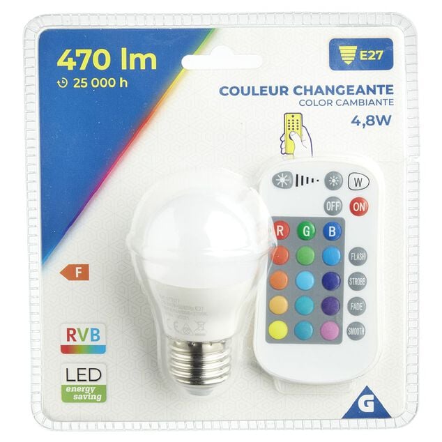 Ampoule LED E27 G45 couleurs changeantes avec t&eacute;l&eacute;commande 470lms