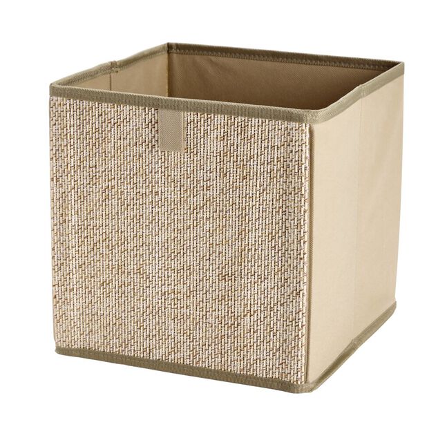 Panier de rangement carr&eacute; intiss&eacute; et bambou beige 27x27x27cm