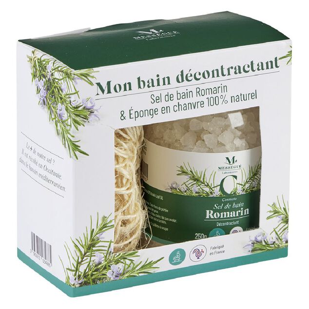 Coffret Mess&eacute;gu&eacute; sel de bain romarin et &eacute;ponge chanvre 100% naturel