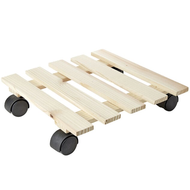 Plateau porte plante carr&eacute; en bois avec roulettes 29x29xH7cm