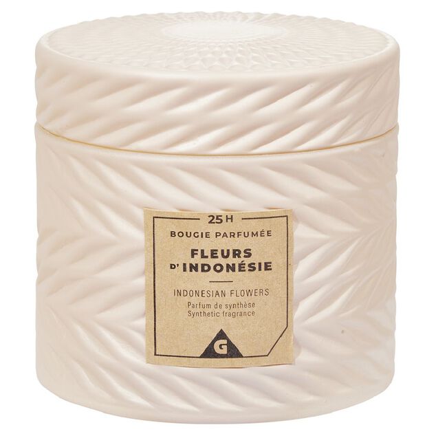 Bougie parfum&eacute;e ivoire design relief senteur fleurs d'Indon&eacute;sie 25H